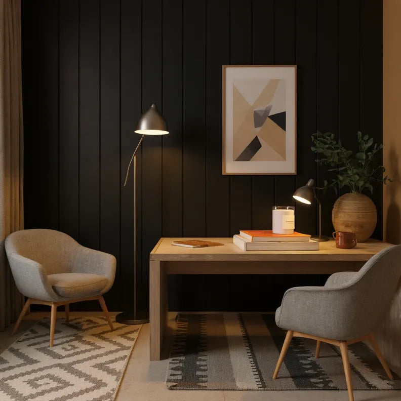 Modern home office with a desk, chairs, and decorative elements against a dark paneled wall.