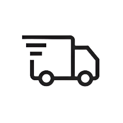 Black and white icon of a delivery truck on a white background